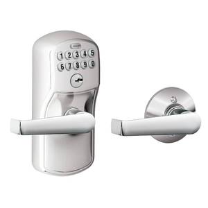 lot 15991 image: SCHLAGE FE575 PLY 626 ELA Plymouth Keypad Entry with Auto-Lock and Elan Levers, Brushed Chrome - Retail $109