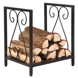 lot 15992 image: MyGift Firewood Rack Fireplace Log Holder, Modern Black Tone Metal and Burnt Solid Wood Freestanding Stacking Lumber Stand - Retail $33