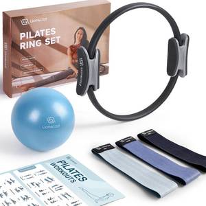 lot 15996 image: LIONSCOOL Pilates Ring Set (Black) - 14 Pilates Ring, 9in Pilates Mini Ball and Three Fabric Resistance Bands Included - Retail $30in