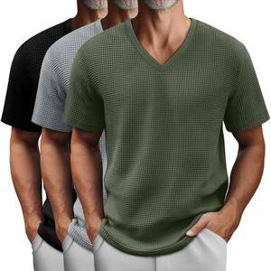 lot 16255 image: August Alley 3 Pack Mens Waffle T Shirts, V Neck Moisture Wicking Pullover Tee Shirts Short Sleeve Lightweight Knitted Tops(Black, Gray, Green,XX-Large) - Retail $27