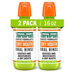 lot 16267 image: TheraBreath Dry Mouth Oral Rinse, Tingling Mint, Dentist Formulated, 16 Fl Oz (2-Pack) - Retail $22