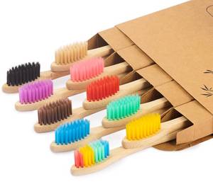 lot 16277 image: NUDUKO Biodegradable Bamboo Toothbrushes, 10 Piece BPA Free Soft Bristles Toothbrushes, Natural, Eco-Friendly, Green and Compostable (Multicolored Bristles) - Retail $6