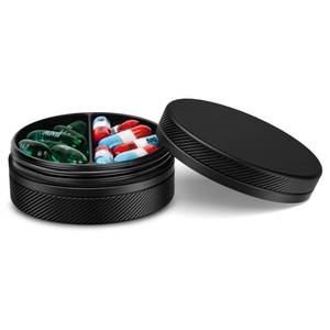 lot 16279 image: Aufew Small Metal Pill Case, 2 Compartment Travel Pill Organizer for Purse, Pocket Pharmacy, Daily Medicine Container for AM PM Pills, Vitamins, Supplements - Black - Retail $793