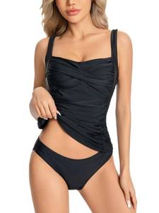lot 16283 image: KOKITA Tankini Swimsuits for Women Tummy Control Bathing Suits Halter Ruched Tops Two Piece Swimwear Sets Black M - Retail $20