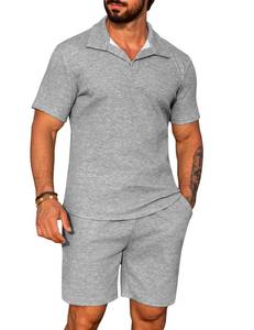 lot 16314 image: URRU Mens 2 Pieces Shirt Set Summer Short Sleeve Button Down shirts Casual Holiday Beach Shirts Summer Outfits Grey M - Retail $29