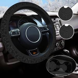 lot 16315 image: Cheetah Print Steering Wheel Cover Universal Size 14.5-15 Inch, Non-Slip Black Leopard Print Car Accessories for Women Men - Retail $9