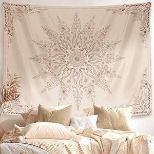 lot 16326 image: Damanse Floral Tapestry Wall Hanging Cute,Boho Wall Tapestry for Bedroom Aesthetic,Mandala Living Room Decor for Teen Girls (Flaxen, 49.20 x 59.10in) - Retail $14in