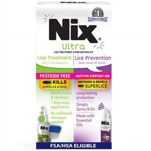 lot 16333 image: Nix Lice Treatment and Prevention Kit, All-in-One Shampoo, 4 fl oz, with Lice Removal Comb and Lice Prevention Daily Leave-in Spray, 6 fl oz - Retail $29