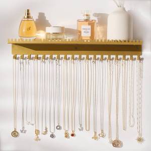 lot 16339 image: Josmimic Necklace Holder Wall Hanging Organizer Wall Mounted Jewelry Shelf with 56 Hooks and Tray, Display Hanger for Kids, Girls and Women, Gold and Metal - Retail $13