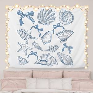 lot 16346 image: AQYIP Coquette Blue Bow Seashell Ocean Beach Tapestry Wall Hanging, Preppy Beach Tapestry Decorative, Blue Coastal Wall Blanket Decor for Girls Room Dorm Apartment Bedroom, 50x60 Inch - Retail $19