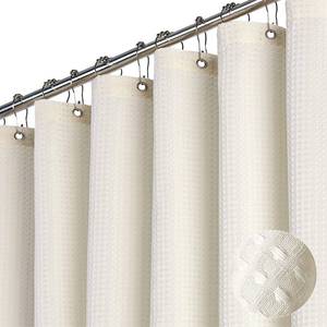 lot 6111 image: Dynamene Extra Long Shower Curtain,96 Inch Long Waffle Weave Weighted Thick Cloth Bathroom Shower Curtain, Neutral Heavy Duty Hotel Bath Curtain Set with 12 Plastic Hooks,72x96,CreamIvory - Retail $28