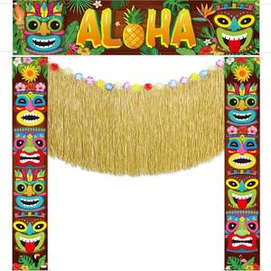 lot 6112 image: Tingjoo 4 Pcs Hawaiian Tiki Party Decorations Set Tiki Totem Door Banner Signs Aloha Grass Door Skirt Hanging Decor Luau Party Decor for Summer Tropical Birthday Beach Pool Party Supplies(Aloha) - Retail $15