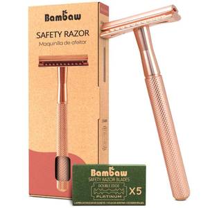 lot 6117 image: Bambaw Safety Razor for Women with 5 Double Edge Blades, Double Edge Razor, Single Blade Razors for Women and Men, Reusable and Plastic Free � Rose Gold - Retail $22
