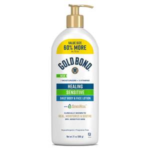 lot 6126 image: Gold Bond Healing Sensitive Daily Body and Face Lotion with Aloe Moisturizes, Heals and Soothes Dry, Sensitive Skin, Value Size, 21 oz. - Retail $13