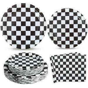 lot 6135 image: RVXHUA 150PCS Race Car Birthday Party Decorations - Black and White Checkered Plates and Napkins for 50 Guests, Disposable Tableware Supplies for Birthdays, Game Day, and Racing-Themed Parties - Retail $23