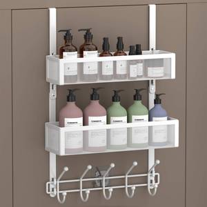 lot 13164 image: Aimeaihe Adjustable Over The Door Hooks Organizer, Door Hanger Coat Rack with 2 Mesh Baskets and 10 Hooks, Back of Door Storage Organizer for Bedroom,Bathroom,Kitchen (White) - Retail $20