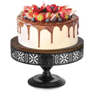 lot 13183 image: Eorbow Wood Cake Stand, 12 Inch Rustic Wedding Cupcake Holder, Footed Dessert Display Riser with Metal Base, Hosting Pedestal Essential for Charcuterie Decor Birthday Baby Shower Tea Party, Black - Retail $2,838