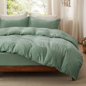 lot 13187 image: Bedsure Duvet Cover Queen Size with Fitted Sheet - 4 Pieces Prewashed Cotton-Like Extra Soft Bedding Set, Includes 1 Duvet Cover 90x90 Inches, 2 Pillow Shams, 1 Fitted Sheet, Sage Green - Retail $45