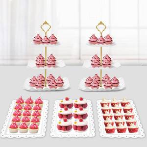 lot 13201 image: PinCute 5 Pcs Dessert Table Display Set - 2 X Cupcake Stand HolderCup Cake Tier Tower and 3 X Serving Tray Combo for Tea Party, Birthday, Baby Shower (Wave Square) - Retail $19