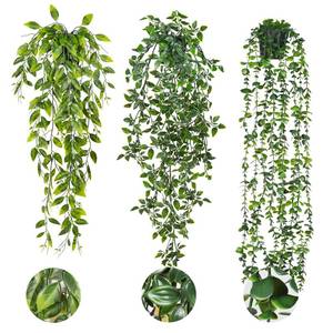 lot 13202 image: RECUTMS Fake Plants Hanging with Pots 3 Pack Artificial Ivy Vine Fake Potted Plants Artificia Eucalyptus Plants Mandala Ivy Vine Leaves Pea Pod Shelf Plants for Home Room Wall Indoor Outdoor Decor - Retail $20