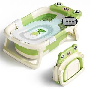 lot 13229 image: BUNWAG Baby Bathtub, Collapsible Newborn Bathtub for Infant to Toddler 0-24 Months with Soft Cushion and Thermometer,Portable Travel Newborn Tub with No-Slip Feet, Baby Shower Gifts,Green - Retail $50