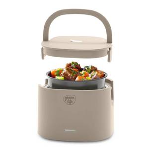 lot 13230 image: GreenLife 20oz Electric Lunch Box Food and Soup Warmer, PFAS and PFOA-Free Ceramic Nonstick Interior, Portable for Travel and Office, Spill-Proof Lid, Removable Bowl, Dishwasher Safe, Taupe - Retail $40