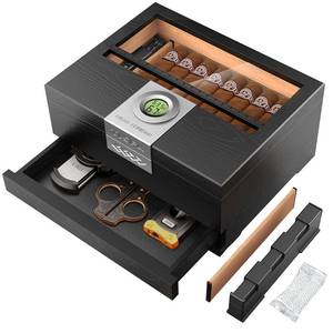 lot 13241 image: TISFA Cigar Humidor, Cedar Wood Desktop Humidor Box with Digital Hygrometer, Adjustable Humidifier, Accessory Drawer, Divider, Cigar Length Measurement, Glass Top Storage Holder Cigar Case (Black) - Retail $37