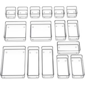 lot 13244 image: SMARTAKE 16-Piece Drawer Organizer with Non-Slip Silicone Pads, 5-Size Desk Storage Tray for Makeup, Jewelries, Utensils in Bedroom Dresser, Office and Kitchen, Clear - Retail $22