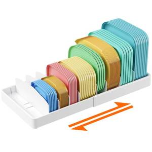 lot 13251 image: Lifewit Plastic Lid Organizers for Inside Cabinet Adjustable, Extra Large 13-24 Food Storage Container Lids Holder with 8 Inserts and 9 Compartments, Plates, Bowls for Deep Drawer in Kitchen - Retail $22in