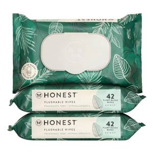 lot 14310 image: The Honest Company Flushable Wipes for Sensitive Skin, Fragrance-Free Hypoallergenic pH-Balanced Feminine Wipes, 99percent Water Safe-to-Flush Wipes, Tropical Leaves, 126 Count - Retail $11