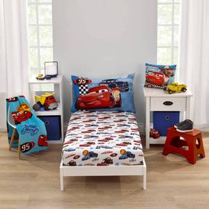 lot 14326 image: Disney Cars Radiator Springs White, Blue, and Red Lightning McQueen and Tow-Mater 2 Piece Toddler Sheet Set - Fitted Bottom Sheet and Reversible Pillowcase - Retail $20