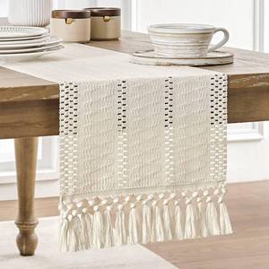 lot 14373 image: ZeeMart Macrame Style Boho Table Runner, Ivory Table Runners 60 Inches Long, Farmhouse Woven Home Decor, 12x60 Inch, Ivory - Retail $10