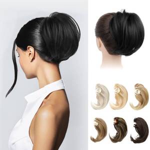 lot 14376 image: REECHO Ponytail Extension, 7 Mini Claw Clip in Ponytail Hair Extensions Short Natural Straight Wavy Messy Bun Hair Pieces for Women with Short Thin Hair - Black - Retail $15in