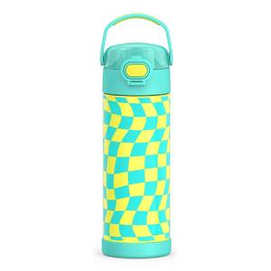lot 14385 image: THERMOS FUNTAINER 16 Ounce Stainless Steel Vacuum Insulated Bottle with Wide Spout Lid, Wavy Checkers Teal - Retail $17
