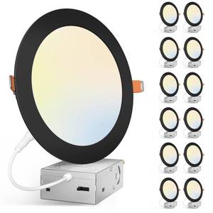 lot 15923 image: Amico 12 Pack 7 Inch 5CCT Ultra-Thin LED Canless Recessed Ceiling Light with Junction Box, 2700K3000K3500K4000K5000K Selectable, 15W100W, 1300LM Brightness, Dimmable Wafer Downlight,ETLandFCC,Black - Retail $125