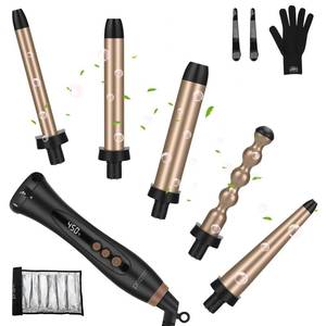 lot 15933 image: Prizm 5 in 1 Clampless Interchange Curling Iron Wand Set, LED Display, 11 Temp Settings, 0.6 to 1.25 Inch Tourmaline Ceramic Barrels, Hair Curler for WavyBangRingletSpiral with Heat Resistant Glove - Retail $40