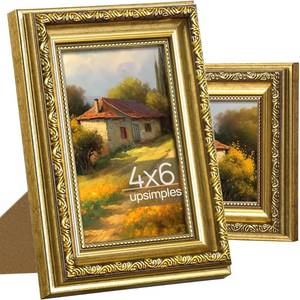 lot 4062 image: upsimples 4x6 Picture Frame with Real Glass, Ornate Vintage 4 x 6 Photo Frames for Wall Decor or Tabletop Display, Gold, 2 Pack - Retail $15