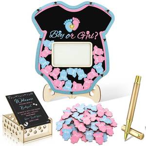 lot 4068 image: Wenqik 63 Pcs Gender Reveal Baby Shower Guest Book Alternatives Set Baby Shower Decorations with Photo Frame Sonogram Frame Keepsake 60 Wood Slices Guest Book for Birthday - Retail $29