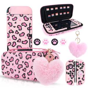 lot 4086 image: DLseego Pink Love Leopard Carrying Case for Switch, Cute Silicone Protective Shell Soft Cover with 4PCS Thumb Grip Caps and Pink Plush Heart Pendant Hard Storage Case Accessories Kit Bundle for Girls - Retail $29