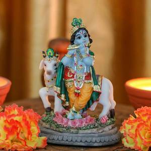 lot 4104 image: Hindu Idol Lord Krishna Statue- 3.7�H Handmade Standing Krishna Murti Playing Flute with Cow for Home Office Mandir Temple Altar Shrine Pooja Item Diwali Puja Gifts - Retail $16