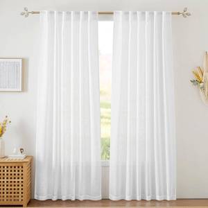 lot 4130 image: RYB HOME White Sheer Curtains Linen Texture Window Panels, Semi Sheer Light Filetring Rod Pocket and Back Tab Drapes for Bedroom, 52 x 84 inches, Pack of 2 - Retail $23