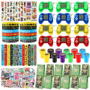 lot 4163 image: LiYiQ 122 Pcs Video Game Party Favors With Video Game Keychains Slap Bracelets Temporary Tattoos Silicone Wristband Gift Tags Stamps Stickers and Gift Bags for Gamer Birthday Party Supplies - Retail $27