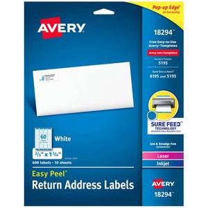 lot 4173 image: Avery Printable Return Address Labels with Sure Feed, 23 x 1-34in, White, 600 Blank Mailing Labels (18294) - Retail $5in