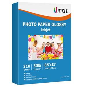 lot 4190 image: Uinkit 210 Sheets Single Side Thin Paper Glossy Photo Print Inkjet 8.5x11 Letter Size 30lb DIY Chip Bag Party Favors Brochure Flyer Picture Photos Printer 115gsm - Retail $21