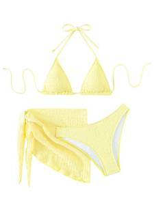 lot 4198 image: SHENHE Womens 3 Piece Textured High Cut Halter Triangle Bikini Swimsuit with Cover Up Yellow Plain M - Retail $36
