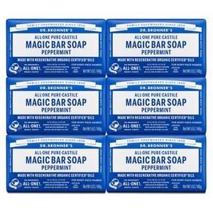 lot 6078 image: Dr. Bronners Pure-Castile Magic Soap Bars (Peppermint, 5 oz, 6-Pack) - Made with Regenerative Organic Certified Oils - For Face, Body and Hair - Gentle, Vegan - Bar Soaps for Men and Women - Retail $29