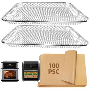lot 6080 image: Air Fryer Accessories for Instant Vortex Plus Quart Air Fryer, 100pcs Air Fryer Liners Disposable Paper and 2pack Stainless Steel Mesh Cooking Tray Dehydrator Tray for CHEFMAN 12Qt Air Fryer - Retail $20