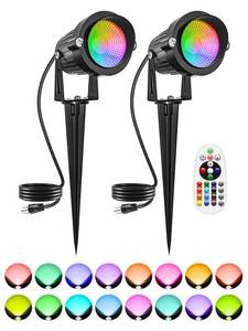 lot 6087 image: DOREIO Halloween RGBW Outdoor Spotlights for Yard, 10W Color Changing Landscape Lights with Remote Control 120V LED Landscape Lighting Waterproof Spotlight with Plug Tree Garden Path Decoration(2Pack) - Retail $30