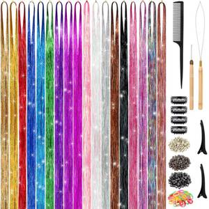 lot 6089 image: Hair Tinsel Kit (48 Inch,18 Colors, 4320 strands), Tinsel Hair Extensions with Tools, Heat Resistant Fairy Hair Tinsel Kit for Women Hair Accessories - Retail $10