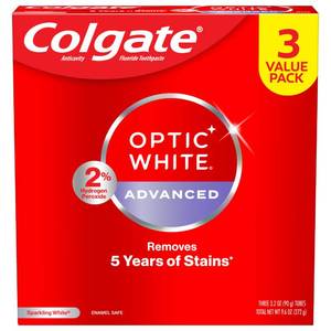 lot 16375 image: Colgate Optic White Advanced Hydrogen Peroxide Toothpaste, Teeth Whitening Toothpaste Pack, Enamel-Safe Formula, Helps Remove Tea, Coffee, and Wine Stains, Sparkling White, 3 Pack, 3.2 oz - Retail $13